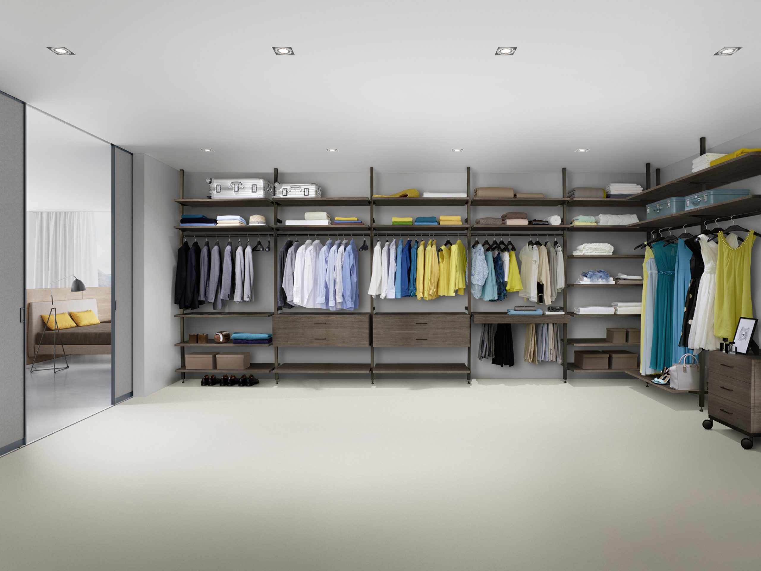 Innensystem, Uno, Rahmen dunkelbronze eloxiert, Urban Structures, Matrix Pinie dunkel, Sideboard, Korpus weiß lackiert, Gleittürsystem S1500, Gleittür, Schiebetür, Graublau, Filz, Hellgrau, Ankleidezimmer, begehbarer Kleiderschrank, Interior System Uno, dark bronze, matrix pine, shelf lightning, purse hook, illuminated clothes rail, coat rail, trousers pull-out, aluminumframe hingedoor RPS 22,5 , walkin closet, cabinet, wardrobe, felt, dressing room